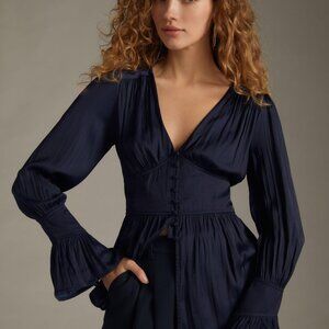 Anthropologie Deep-V Tunic Top Blouse in Navy Blue NWT